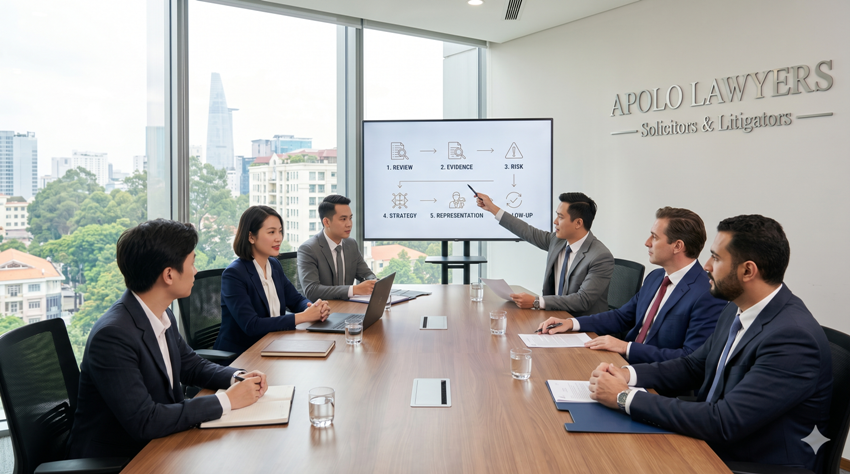 Legal team explaining a structured support process to foreign clients