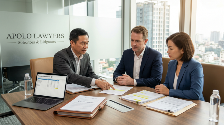 Business executives discussing a commercial dispute with a litigation lawyer