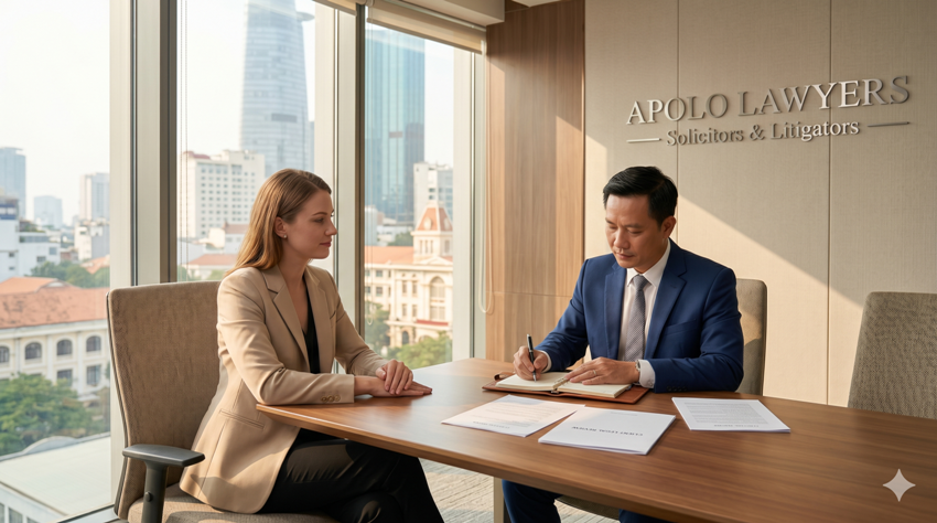 Foreign client meeting a lawyer for an initial legal review in Vietnam