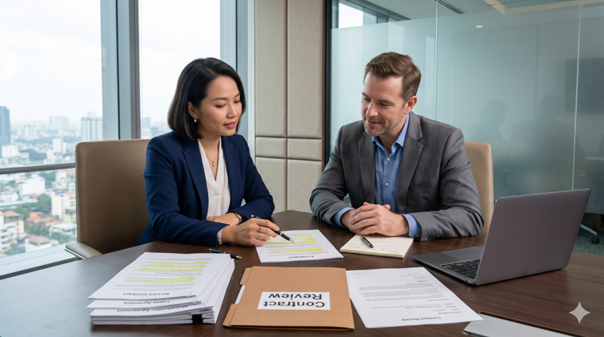 Lawyer reviewing a contract to prevent legal disputes in Vietnam