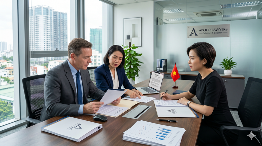 Foreign business team meeting with a corporate lawyer in Vietnam