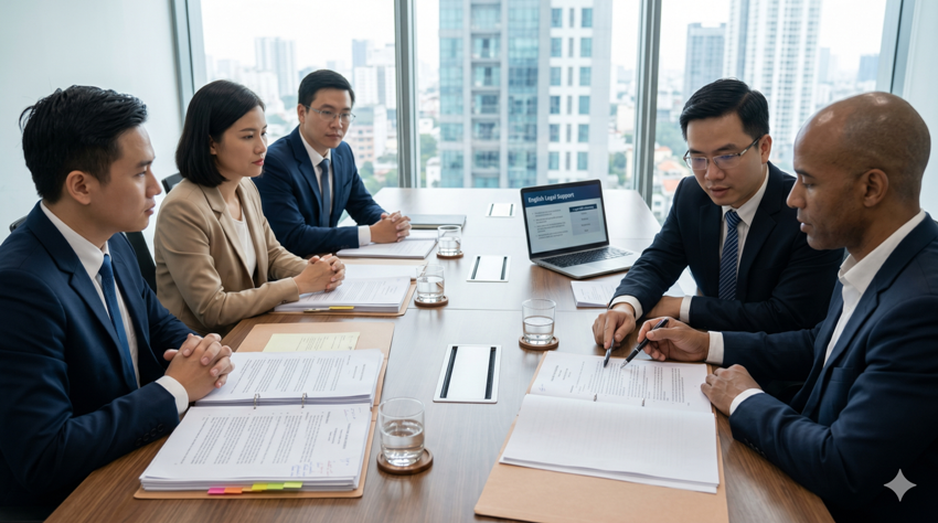 Legal team explaining Vietnamese documents to foreign clients in English