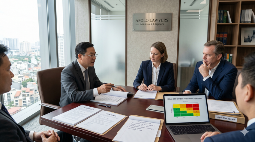Alt text: Foreign company executives reviewing legal risks with a Vietnamese business lawyer