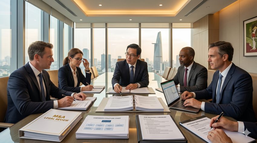 Legal team reviewing M&A documents for foreign investment expansion in Vietnam