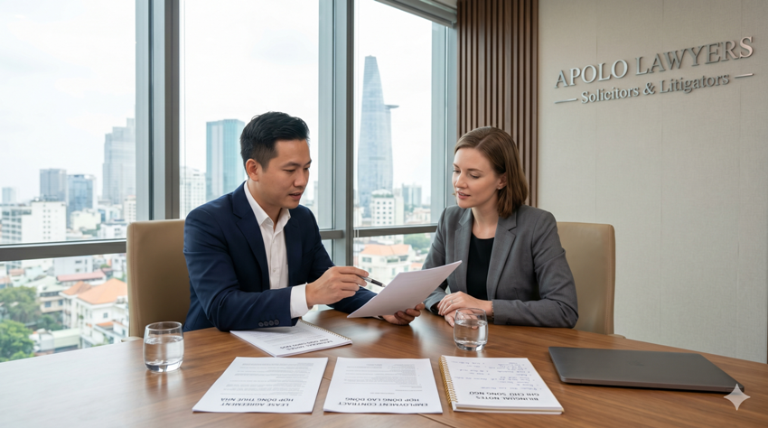 Foreign client reviewing legal documents with a Vietnamese lawyer