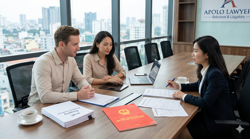 Foreign clients discussing property documents with a real estate lawyer in Vietnam